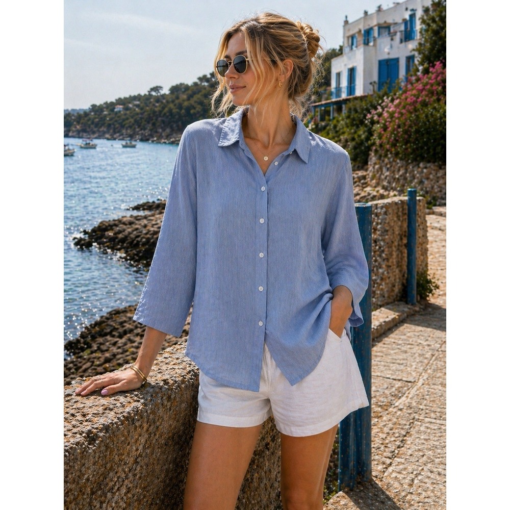 VTG Basement Linen Top Blue Beachy Coastal Minimalist Lagenlook YY06
